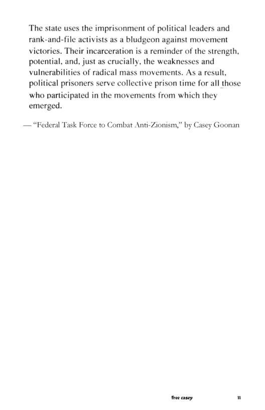 The state uses the imprisonment of political lcaders and rank-and-file activists as a bludgeon against movement victories. Their incarceration is a reminder of the strength, potential, and. just as crucially, the weaknesses and vulnerabilities of radical mass movements. As a result, political prisoners serve collective prison time for all those who participated in the movements from which they emerged. — “Federal Task Force to Combat Anti-Zionism,” by Casey Goonan oo casey. "